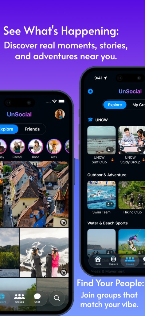 UnSocial promotional graphic: Explore and Friends tabs with a photo grid, plus Groups browsing by category.
