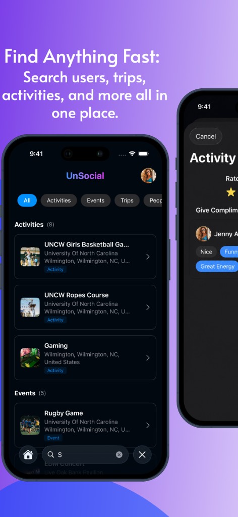 UnSocial promotional graphic: Search across activities, events, trips, and people, plus an activity rating view.