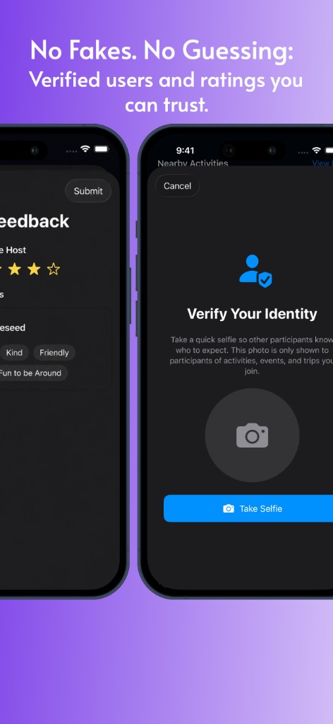 UnSocial promotional graphic: Ratings and compliments for hosts, alongside identity verification with a selfie prompt.