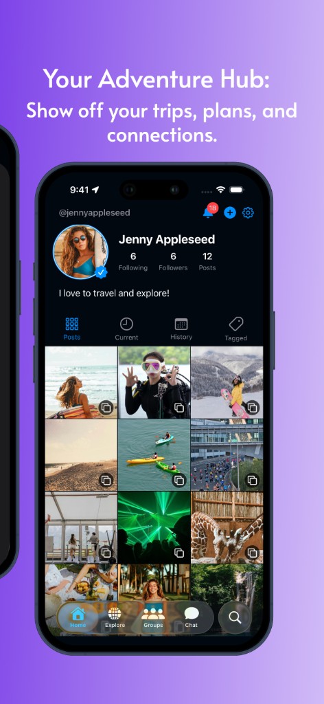 UnSocial promotional graphic: Profile hub with follower stats and a grid of travel and activity posts.